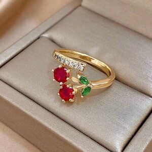 New Elegant Gold Ring with Red and Green Accents stainless steel One-size